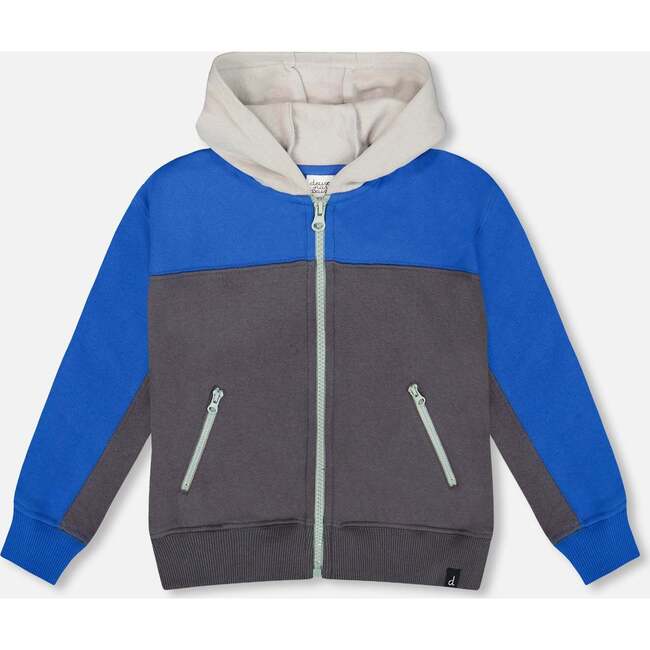 Color Blocked Zip Front Fleece Hoodie, Dark Gray