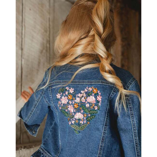 Denim Jacket Blue with Ruffle Hem and Floral Embroidery, Blue Denim - Jackets - 3