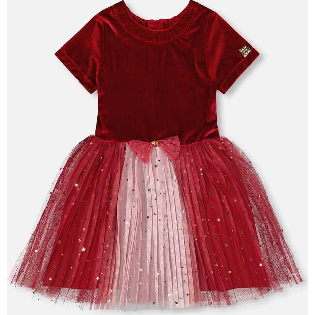 Bi-Material Short Sleeve Party Dress, Red