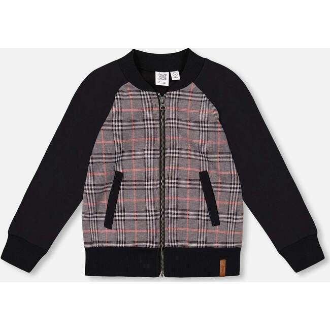 Bi-Material Zip Front Jacket Plaid, Gray and Black
