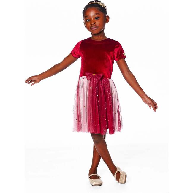 Bi-Material Short Sleeve Party Dress, Red - Dresses - 2