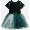 Bi-Material Short Sleeve Party Dress, Forest Green - Dresses - 1 - thumbnail