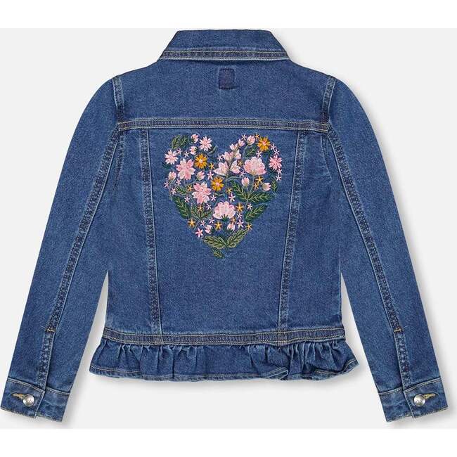 Denim Jacket Blue with Ruffle Hem and Floral Embroidery, Blue Denim - Jackets - 5