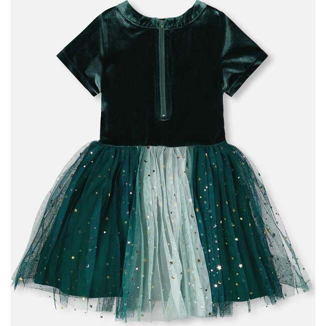 Bi-Material Short Sleeve Party Dress, Forest Green - Dresses - 3