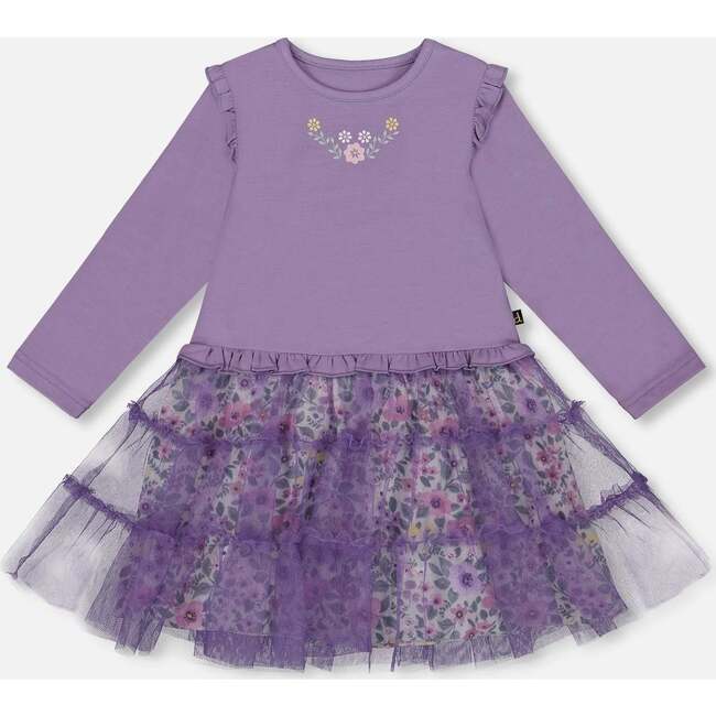 Bi-Material Dress with Muslin and Mesh Skirt, Purple Gray