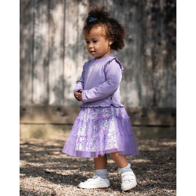 Bi-Material Dress with Muslin and Mesh Skirt, Purple Gray - Dresses - 2