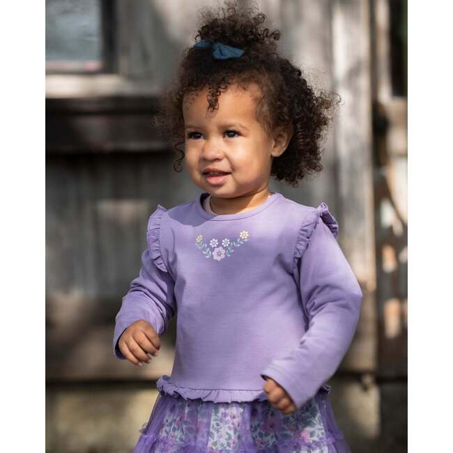 Bi-Material Dress with Muslin and Mesh Skirt, Purple Gray - Dresses - 3