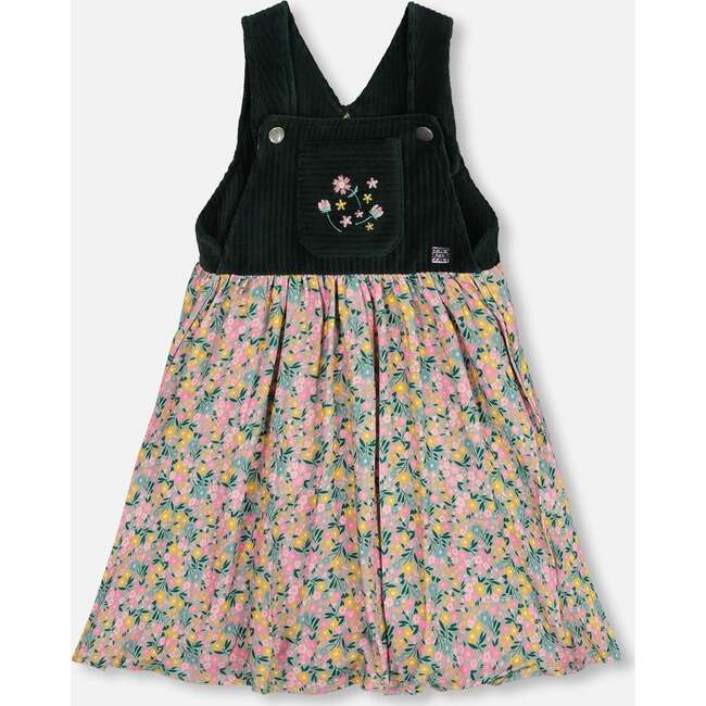 Bi-Material Overall Dress Green with Flower Print, Green Flower Print