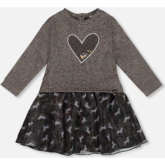Bi-Material Dress with Mesh Skirt and Heart, Black