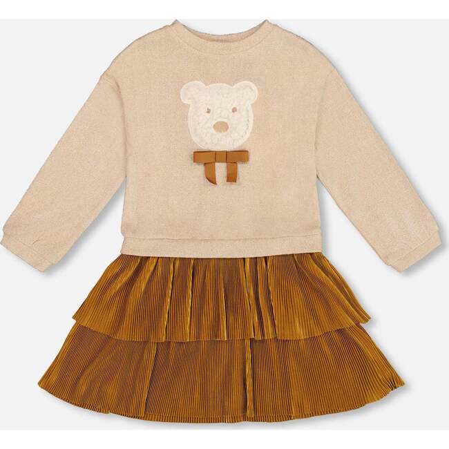 Bi-Material Dress with Layered Skirt, Caramel Brown