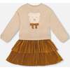 Bi-Material Dress with Layered Skirt, Caramel Brown - Dresses - 1 - thumbnail