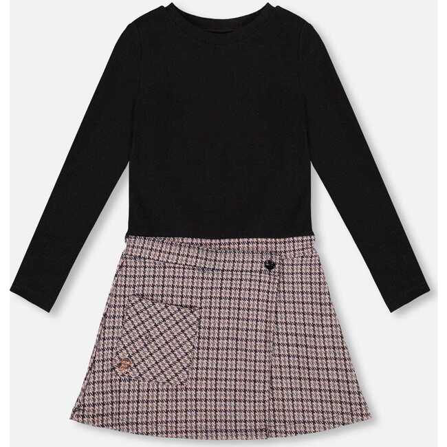 Bi-Material Dress Black and Houndstooth, Black & Houndstooth