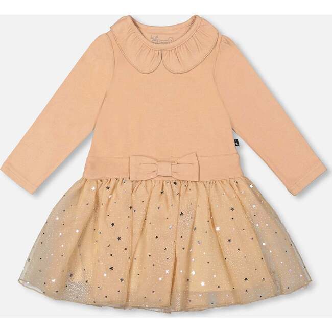 Bi-Material Dress with Glittering Skirt, Beige