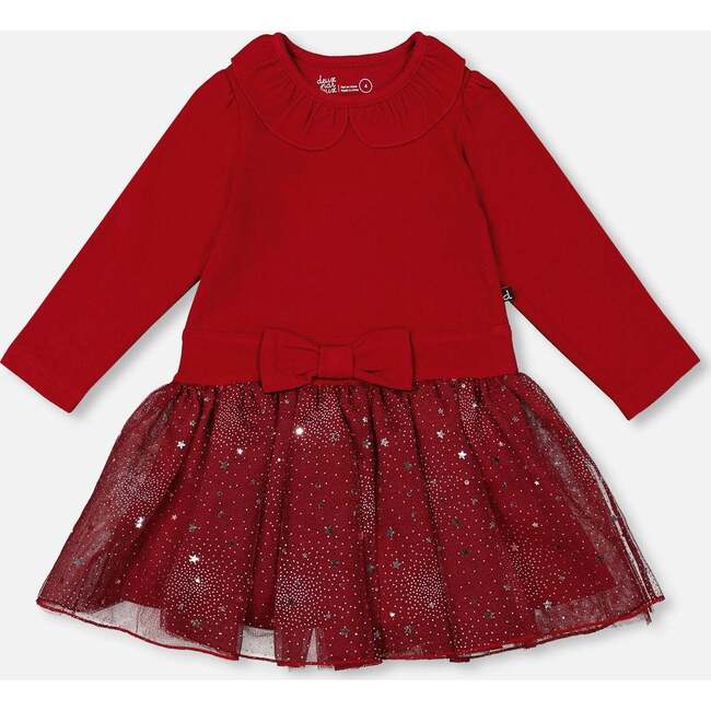 Bi-Material Dress with Glittering Skirt, Red