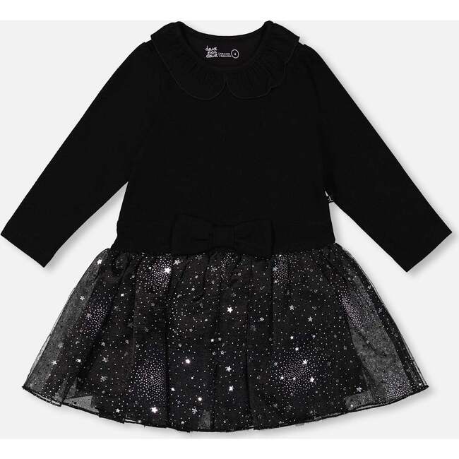 Bi-Material Dress with Glittering Skirt, Black