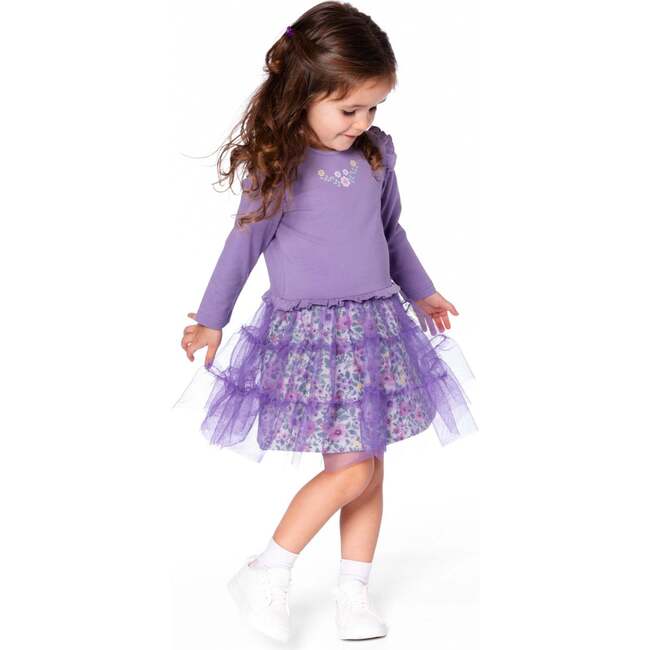 Bi-Material Dress with Muslin and Mesh Skirt, Purple Gray - Dresses - 4
