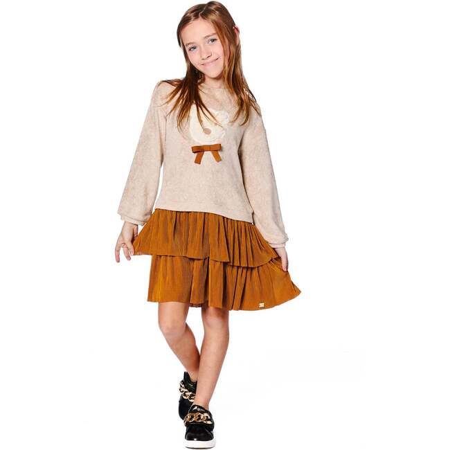 Bi-Material Dress with Layered Skirt, Caramel Brown - Dresses - 2