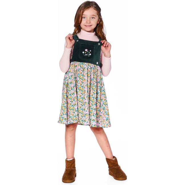Bi-Material Overall Dress Green with Flower Print, Green Flower Print