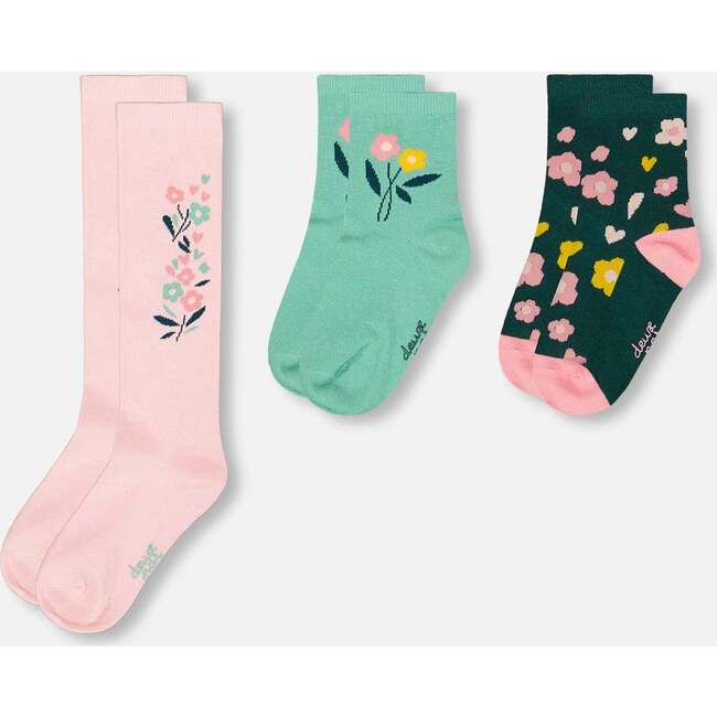 3-Pack Knit Socks Pink and Green, Green, Pink and Yellow