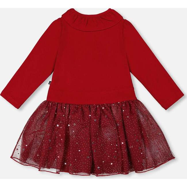 Bi-Material Dress with Glittering Skirt, Red - Dresses - 2