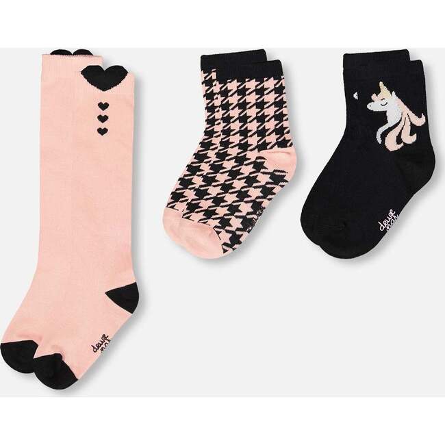 3-Pack Knit Socks, Black and Pink