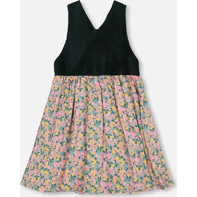 Bi-Material Overall Dress Green with Flower Print, Green Flower Print - Dresses - 3