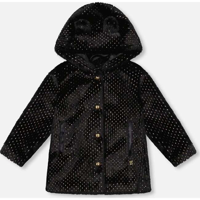 Bear Faux Fur Coat with Gold Polka Dots, Black