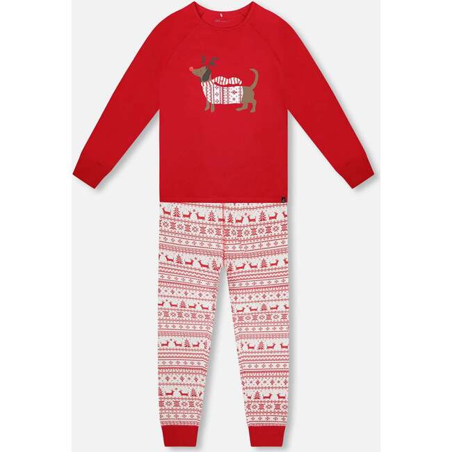 Adult Women Organic Cotton Two-Piece Pajamas Red and White Fairisle, Red & White Fairisle