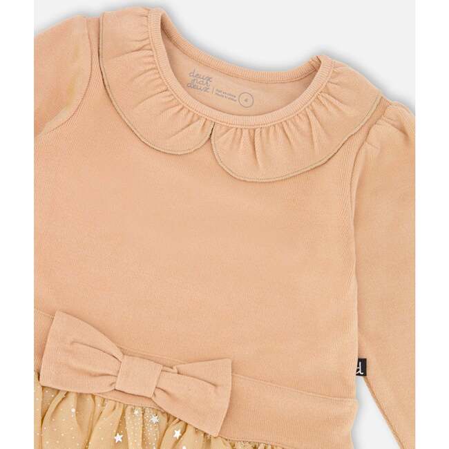 Bi-Material Dress with Glittering Skirt, Beige - Dresses - 3