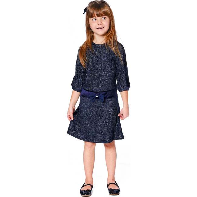 3/4 Sleeve Lurex Dress, Navy Blue - Dresses - 2