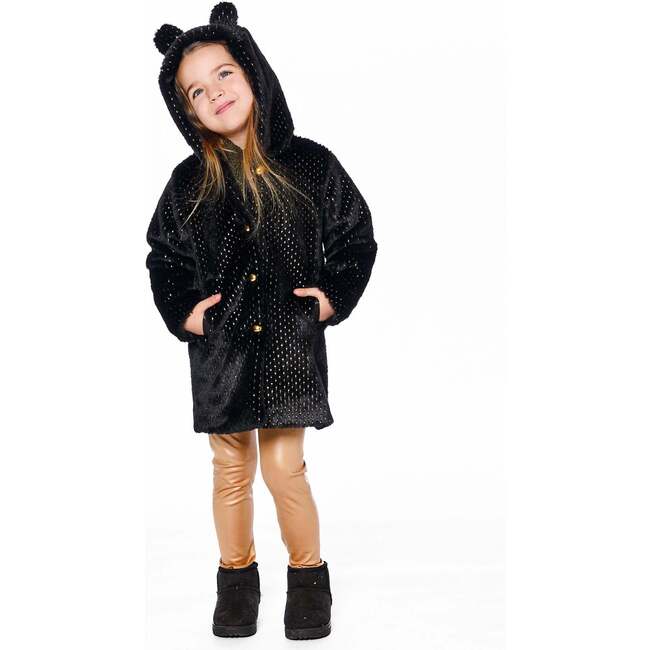 Bear Faux Fur Coat with Gold Polka Dots, Black - Jackets - 2