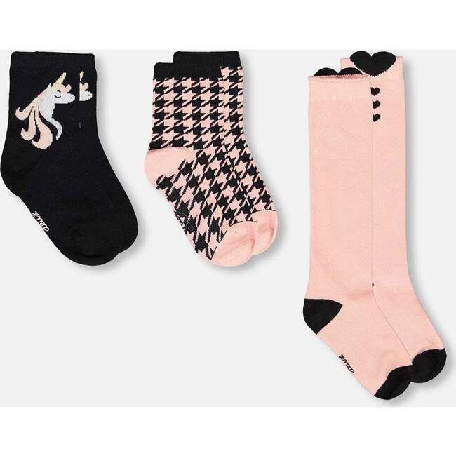 3-Pack Knit Socks, Black and Pink - Socks - 3