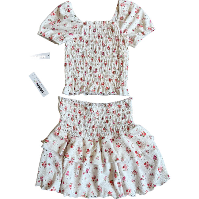 Girls Smock Eyelet Skirt And Top Set,Pink Eyelet