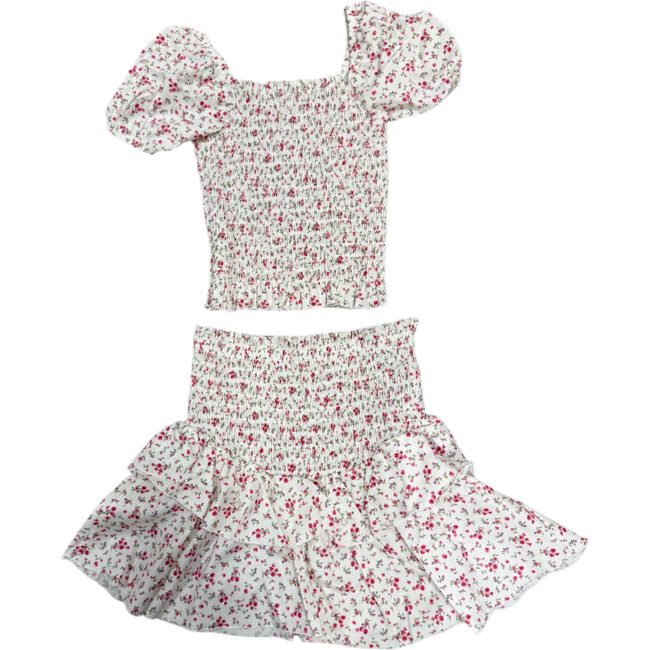 Girls Smock Eyelet Skirt And Top Set, Pink Flower