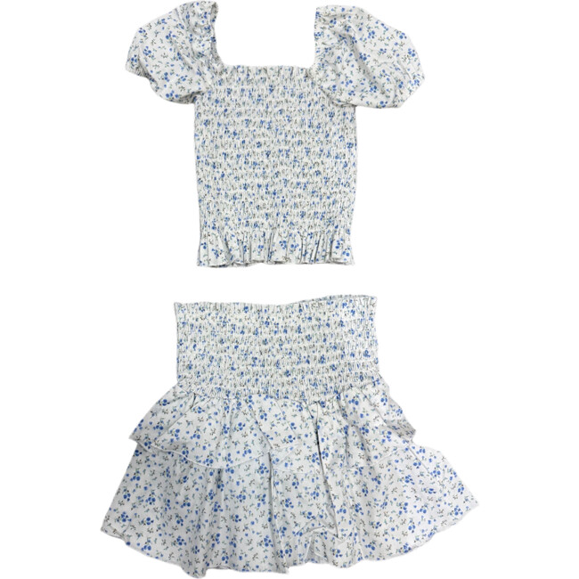 Girls Smock Eyelet Skirt And Top Set,Blue Flower