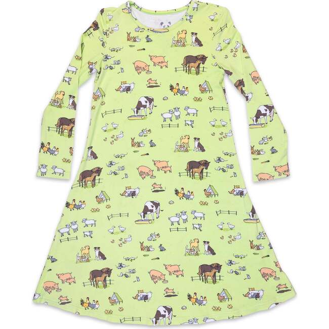 Farm Animals Bamboo Girls' Long Sleeve Dress, Green