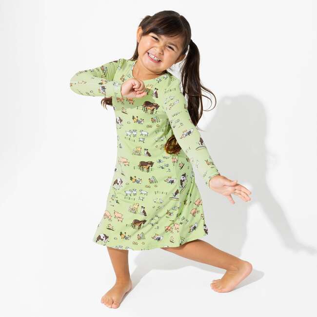 Farm Animals Bamboo Girls' Long Sleeve Dress, Green - Dresses - 4