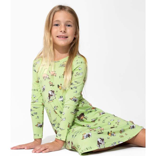 Farm Animals Bamboo Girls' Long Sleeve Dress, Green - Dresses - 6