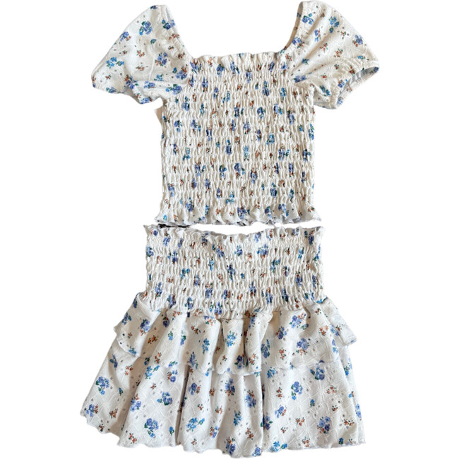 Girls Smock Eyelet Skirt And Top Set,Blue Eyelet