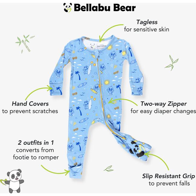 Baby Shark Surf Bamboo Convertible Footie, Blue - Footie Pajamas - 2
