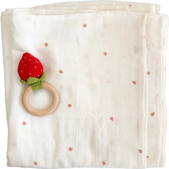 Strawberry Baby Swaddle and Teether Set, Strawberry