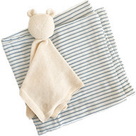 Blue Stripe Baby Swaddle and Lovey Set, Cream Bear