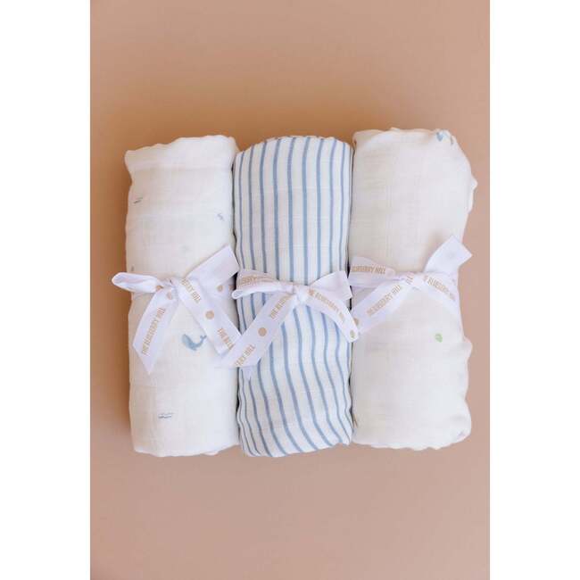 Blue Stripe Baby Swaddle and Lovey Set, Cream Bear - Mixed Gift Set - 3