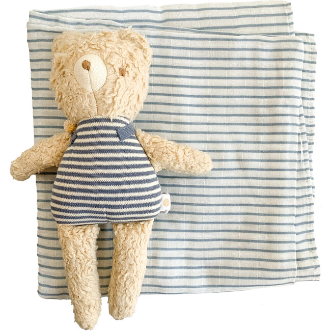 Baby Swaddle Plush Toy Set, Blue Stripe Henry Beekeeper Bear