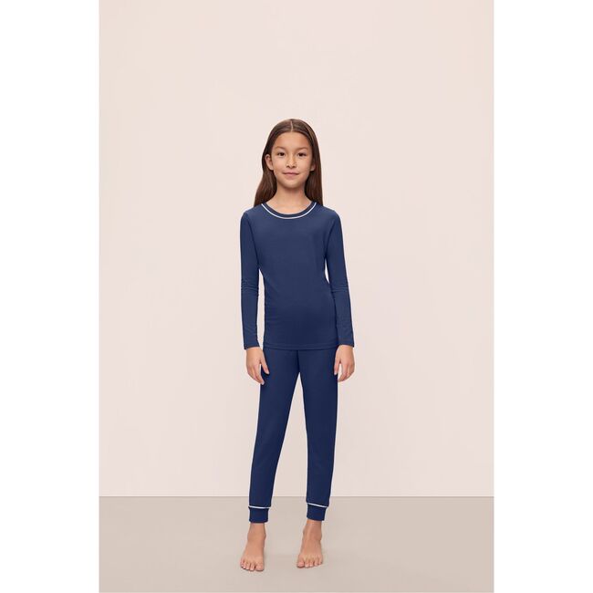 Kids TENCEL Modal Unisex Long PJ Set, NAVY/IVORY - Pajamas - 4