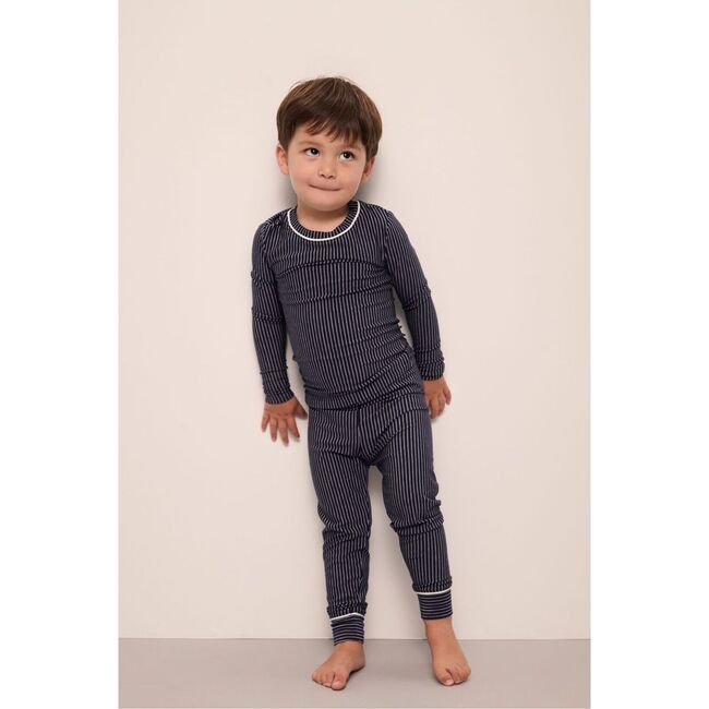 Kids Printed TENCEL Modal Unisex Long PJ Set, DUO STRIPES TRUE NAVY/IVORY