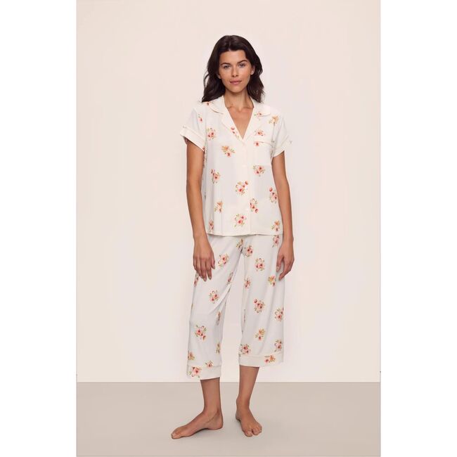 Gisele Printed TENCEL Modal Short Sleeve Cropped PJ Set, FLORAL BLOOM IVORY/VANILLA CREAM