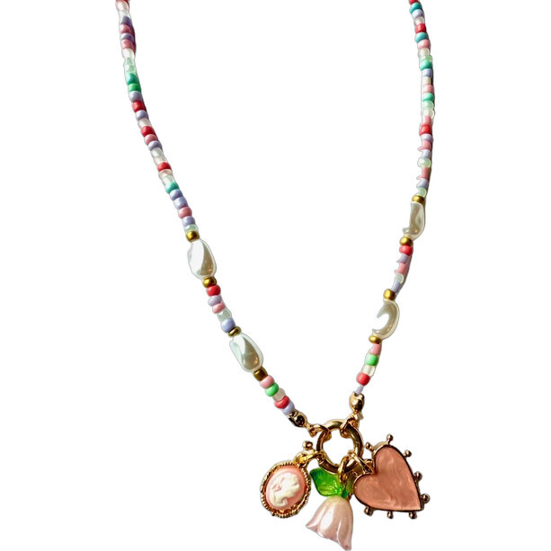 Beaded Pearl Floral Heart Necklace