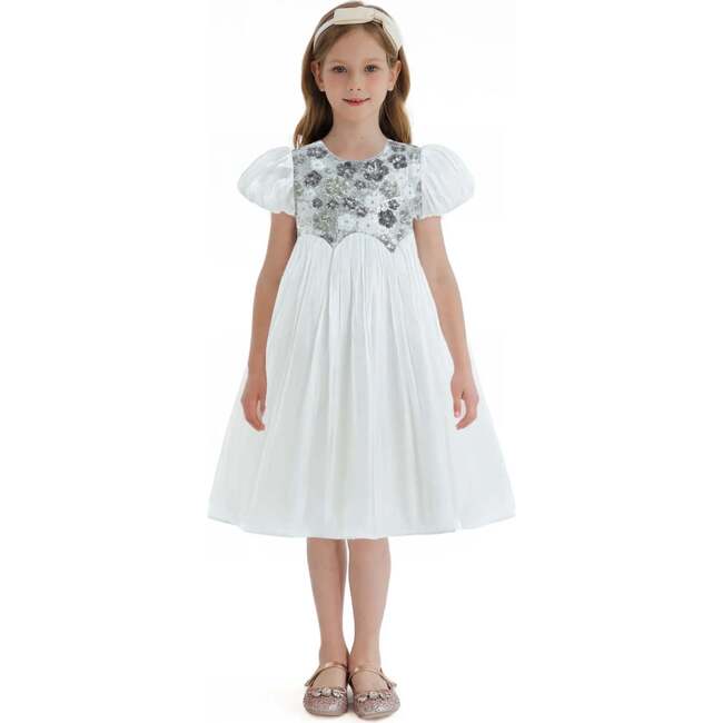 Sequin Floral Bodice Dress, White - Dresses - 2