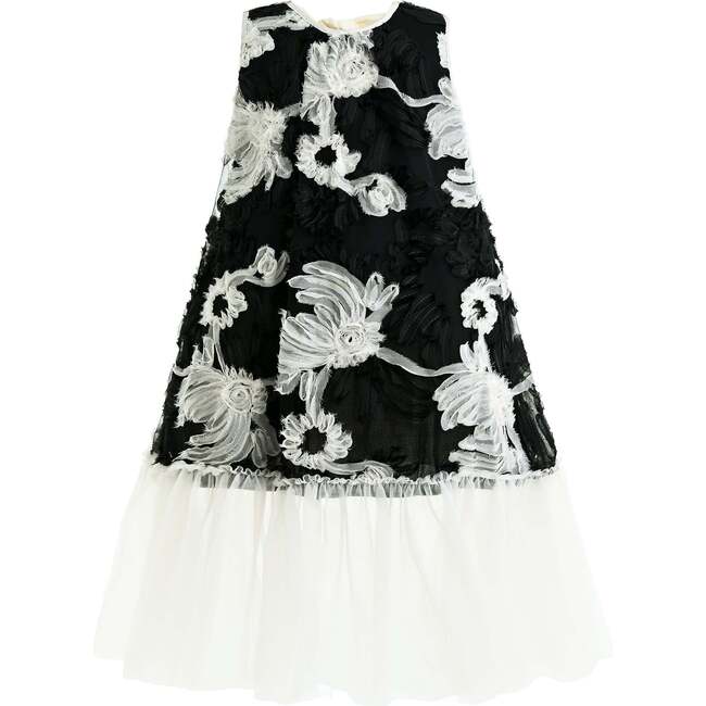Floral Tulle Sleeveless Dress, Black